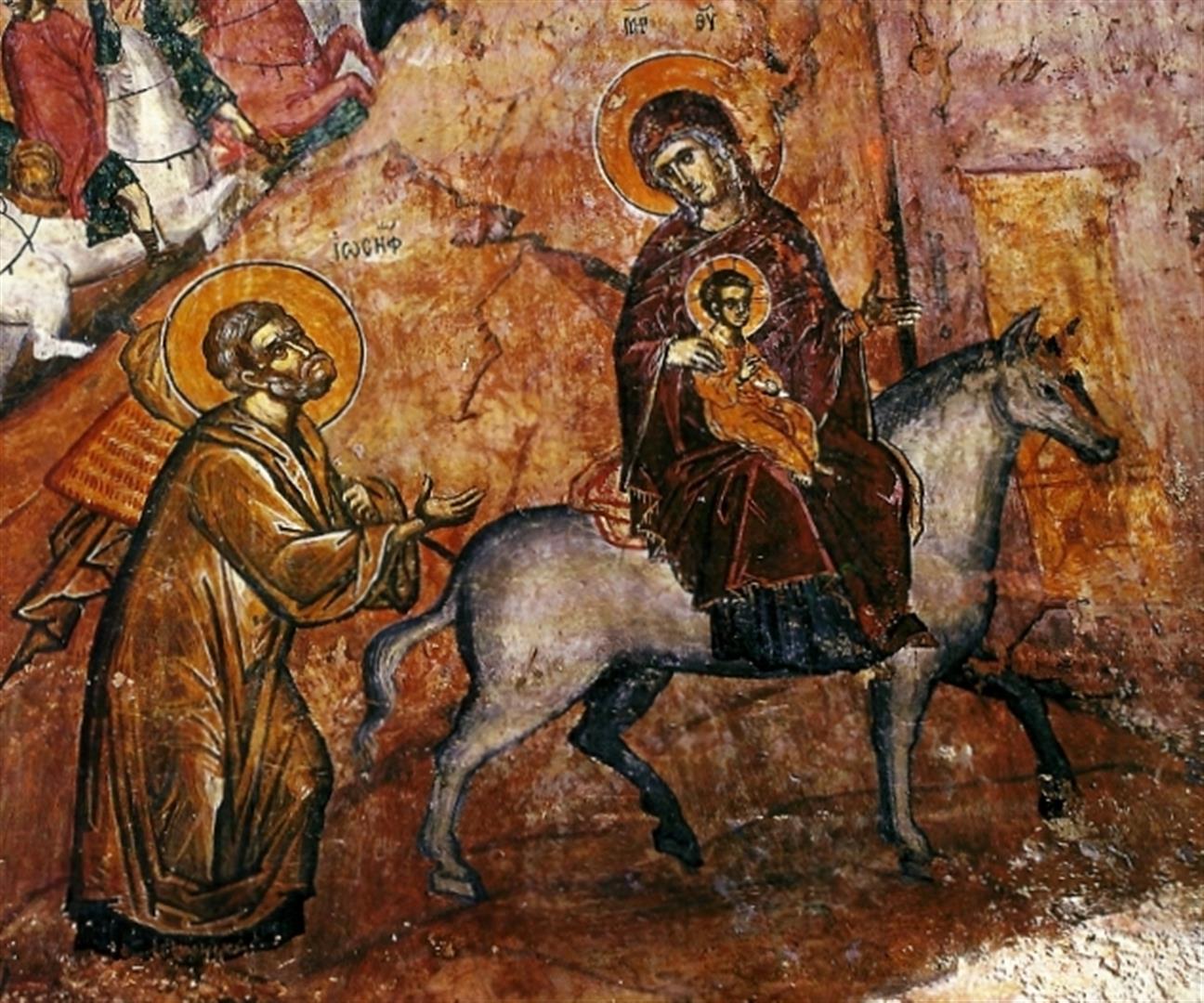 Η φυγή στην Αίγυπτο , τοιχογραφία από τη Μονή Αγίου Νεοφύτου στην Κύπρο.